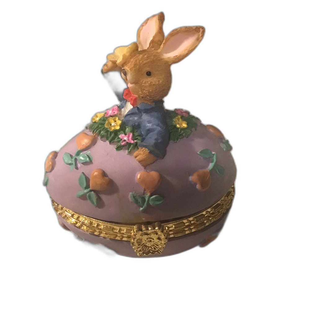 Vintage Easter Bunny on Violet Egg Hinged Trinket Box - Spring Decor Figurine
